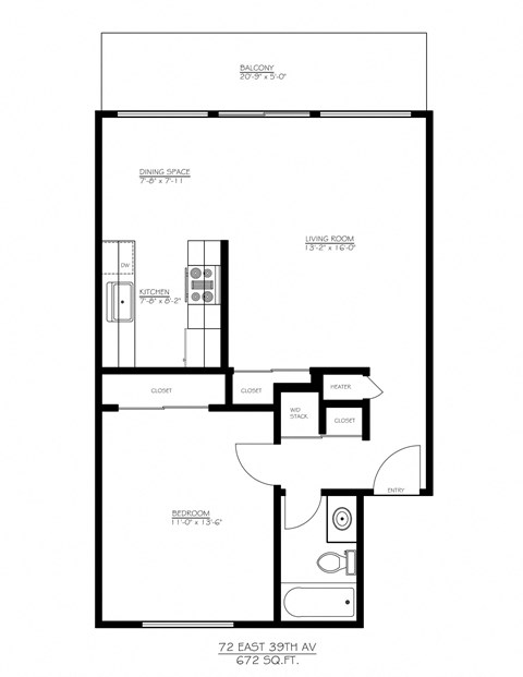 Floor plan for 1 bed, 1 bath, 672 sqft